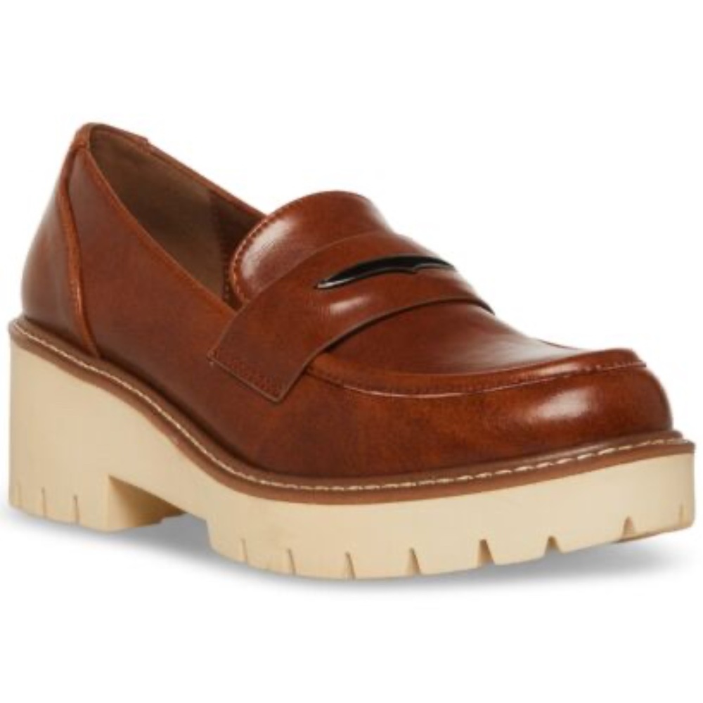 NeAqua College Women Block Heel Lug Sole Penny Loafers Daria Cognac Brown NIB